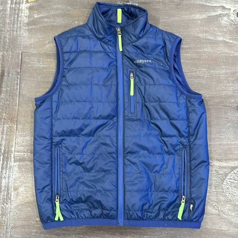 Vineyard Vines Boys Light Weight Vest Size M 12/14 EUC Navy Neon Green Accent